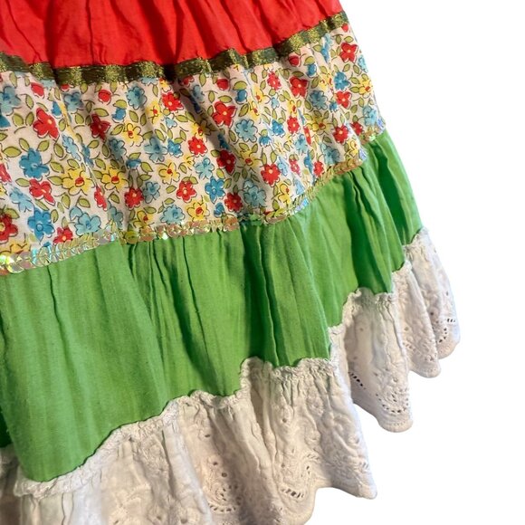 Girls Layered Denim Floral Skirt With Eyelet Lace & Elastic Waist Boho - Picture 5 of 8